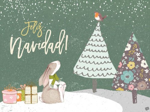 Imagen con conejo, árboles, regalos y nieve para desear Feliz Navidad. Feliz Navidad.