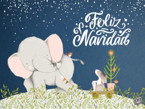 Imagen con un dibujo de un elefante y un conejo en fondo azul para desear Feliz Navidad. Feliz Navidad.