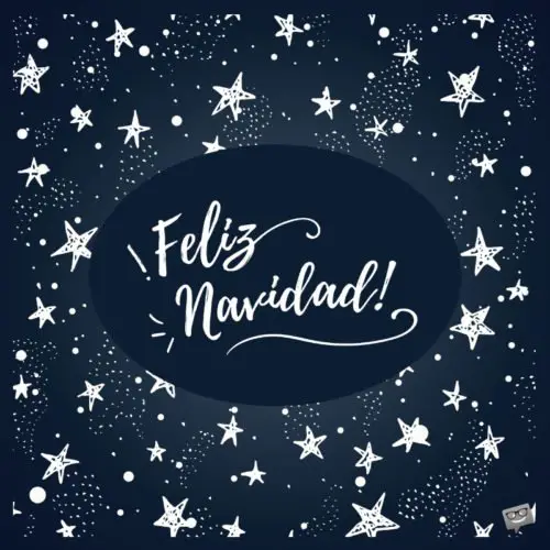 Imagen azul y blanca con estrellas y nieve para desear Feliz Navidad. Feliz Navidad.