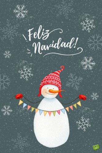 Imagen con muñeco de nieve con gorro y guantes rojos en fondo azul para desear Feliz Navdad. Feliz Navidad.
