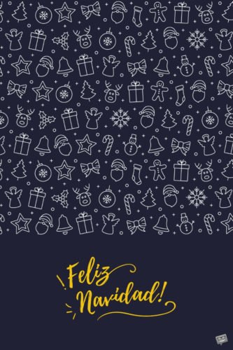 Imagen tonos azul marino y blanco como papel de regalo con dibujitos navideños y letras amarillas para desear Feliz Navidad. Feliz Navidad.