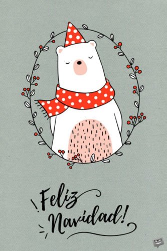 Dibujo oso con bufanda y gorro de lunares en marco de flores y fondo gris para desear Feliz Navidad. Feliz Navidad.