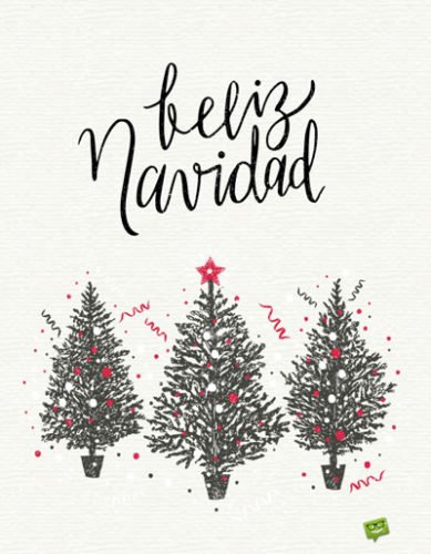Imagen con tres árboles con adornos rojos y blancos para desear Feliz Navidad. Feliz Navidad.