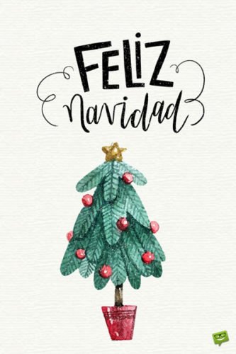 Dibujo de un árbol con bolas rojas y estrella, en maceta roja en fondo blanco para desear Feliz Navidad. Feliz Navidad.