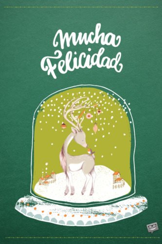 Imagen con ciervo, copos de nieve, y adornos navideños con letras Mucha felicidad para desear Feliz Navidad. Mucha felicidad.