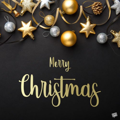 Christmas greetings on image with silver and golden decor. | Birthday Wishes Expert Merry Christmas.