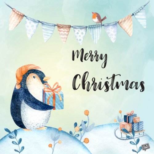 Christmas greetings image for friends and family. With cute hand drawn penguin holding a gift. | Birthday Wishes Expert Merry Christmas.