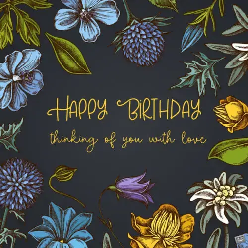 Happy birthday wish on image with flowers.