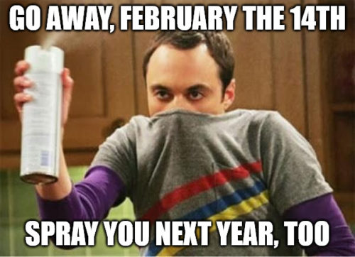 Funny Sheldon "Go away spray" meme for Valentine's Day.