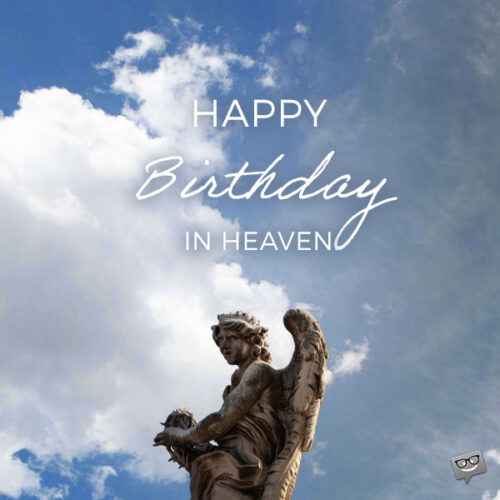 Happy Birthday wish for your son in Heaven. Angel statue in a blue sky background.