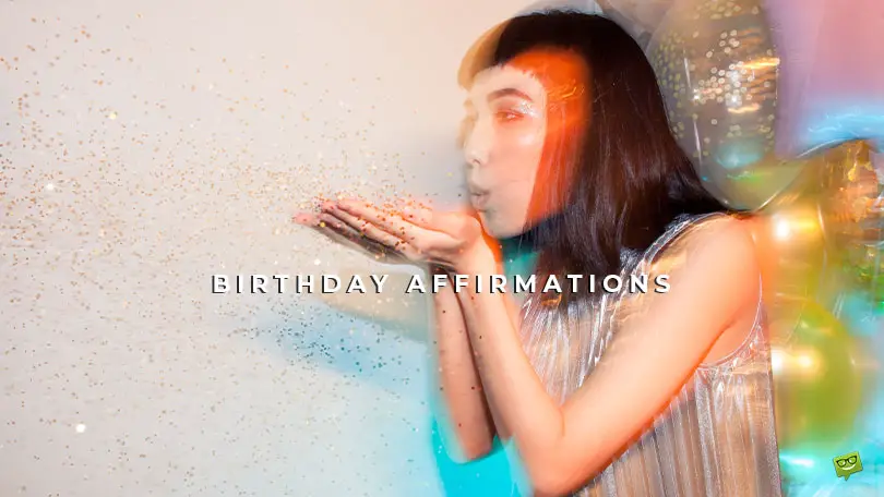 Featured image for a blog post with birthday affirmations. On the image we can see a girl blowing stardust.