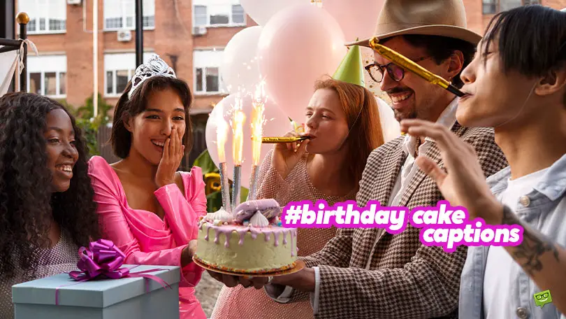 Featured image for a blog post with birthday cake captions. The image features a group of young people celebrating.
