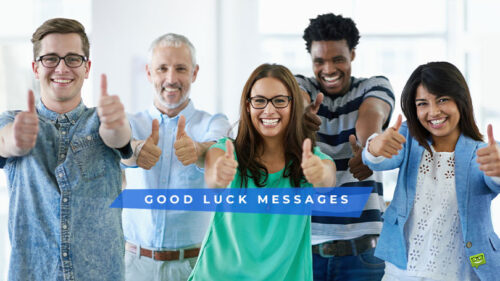 Featured image for a blog post with good luck for your future endeavors message. On the image with see a diverse group of people in an office giving thumbs up as a sign of encouragement and optimism.