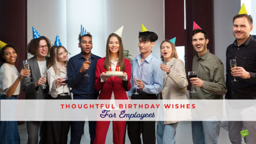 Featured image for a blog post with birthday wishes for employees. On the image we see a birthday party at an office.