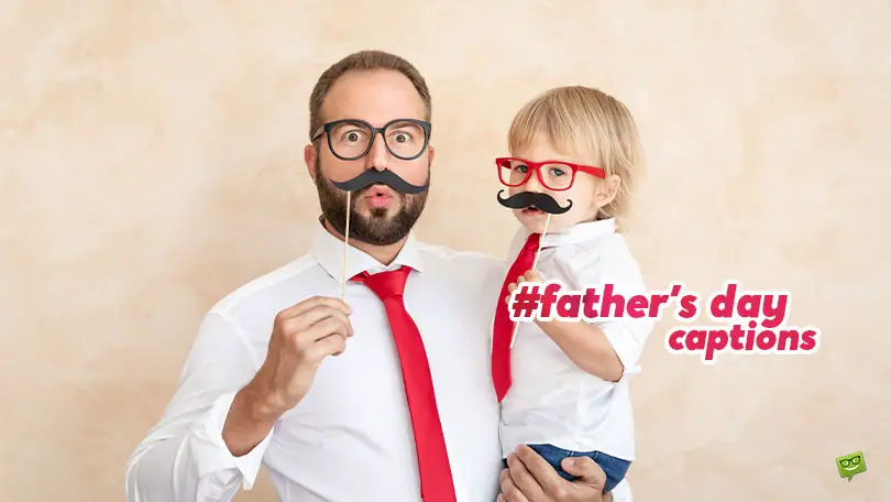 Featured image for an article with father's day captions. On the image we see a handsome father with his child, both putting on funny mustaches on their faces.