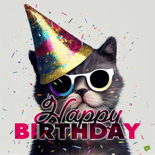 Funny birthday image with cute cat wearing a party hat. Share this image with a friend on their birthday.