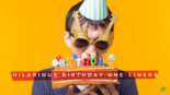 Featured image for a blog post with funny birthday one liners. On the image we see a kid wearing party hat and funny glasses eating birthday cake.