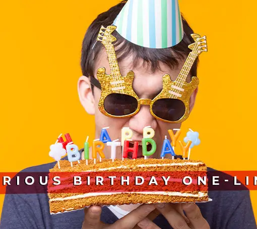 Featured image for a blog post with funny birthday one liners. On the image we see a kid wearing party hat and funny glasses eating birthday cake.