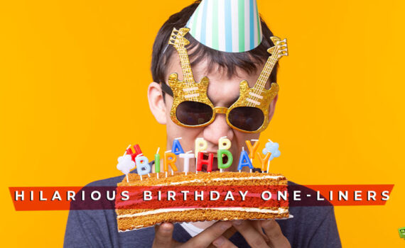 Featured image for a blog post with funny birthday one liners. On the image we see a kid wearing party hat and funny glasses eating birthday cake.