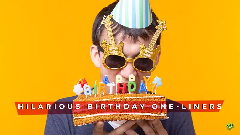 Featured image for a blog post with funny birthday one liners. On the image we see a kid wearing party hat and funny glasses eating birthday cake.