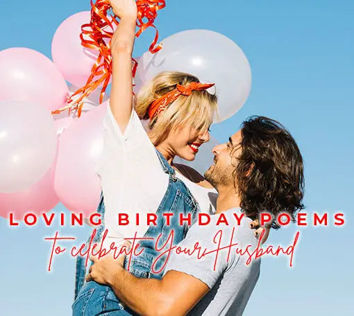 Featured image for a blog post with birthday poems for husband. On the image there is a happy couple celebrating husband's birthday.