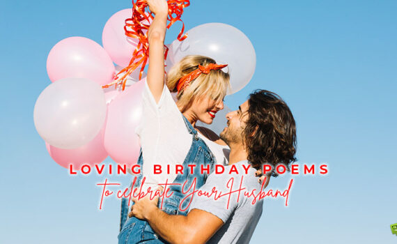 Featured image for a blog post with birthday poems for husband. On the image there is a happy couple celebrating husband's birthday.