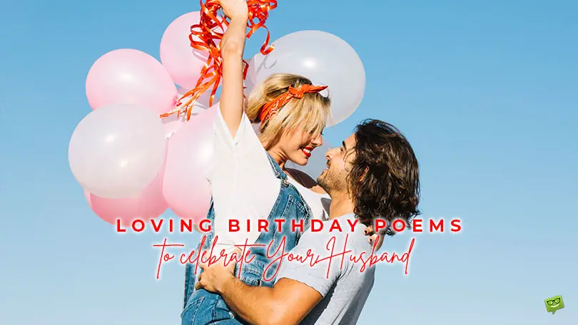 Featured image for a blog post with birthday poems for husband. On the image there is a happy couple celebrating husband's birthday.