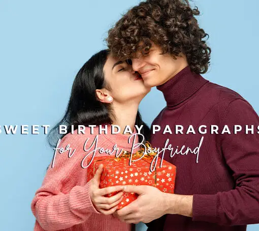 Featured image for a blog post with birthday paragraphs for boyfriend. On the image there is a beautiful young couple.