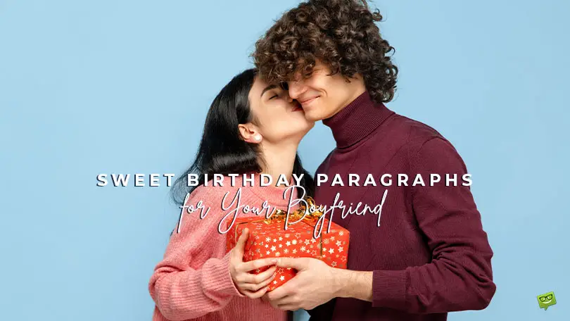 Featured image for a blog post with birthday paragraphs for boyfriend. On the image there is a beautiful young couple.