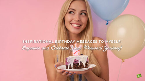 Featured image for a blog post with birthday wishes for myself. On the image we see a beautiful woman holding a birthday cake in front of balloons.