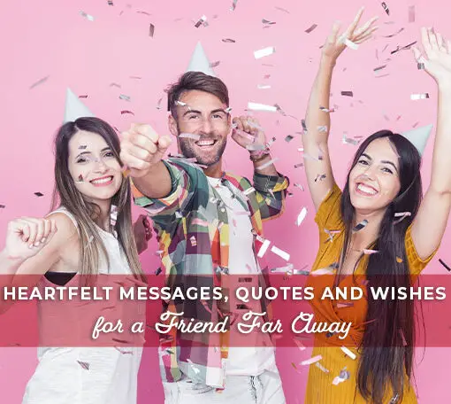 Featured image for a blog post with long distance birthday wishes for a friend. On the image there are 3 young people celebrating and wearing party hats.