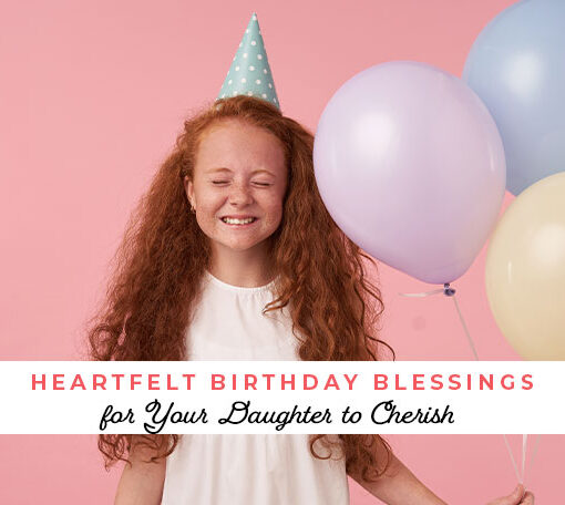 Featured image for a blog post with birthday blessings for daughter. On the image there is a happy girl wearing a party hat and holding balloons.