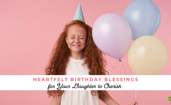 Featured image for a blog post with birthday blessings for daughter. On the image there is a happy girl wearing a party hat and holding balloons.