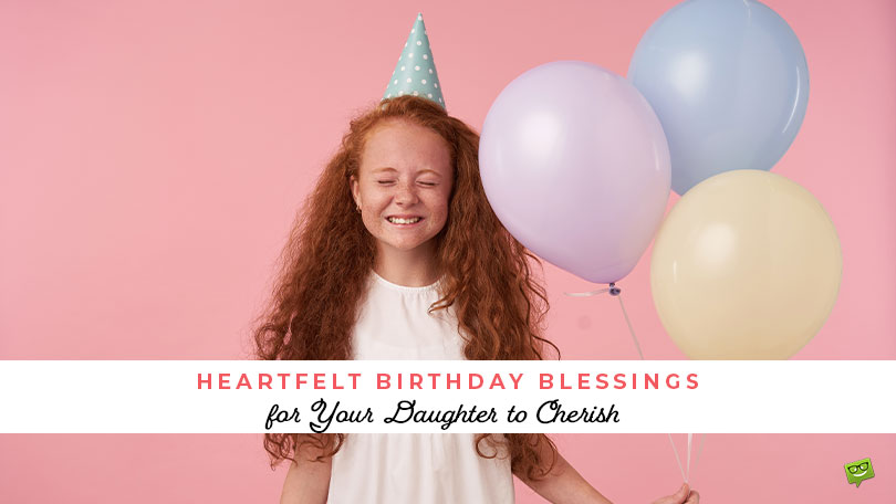 Featured image for a blog post with birthday blessings for daughter. On the image there is a happy girl wearing a party hat and holding balloons.