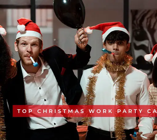 Featured image for a blog post with captions for office christmas party at work.